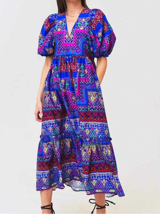 HUNTER BELL Dresses & Skirts - Hunter Bell Palmer Dress Multicolor Print Midi Maxi Puff Sleeve size Small